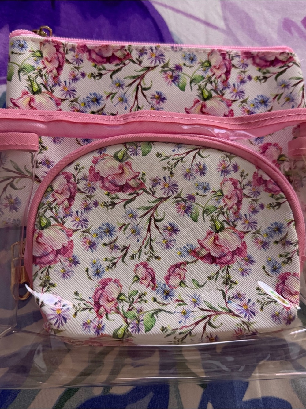 Floral Pink Clear Cosmetic Bag Set - Women's Makeup Pouch
